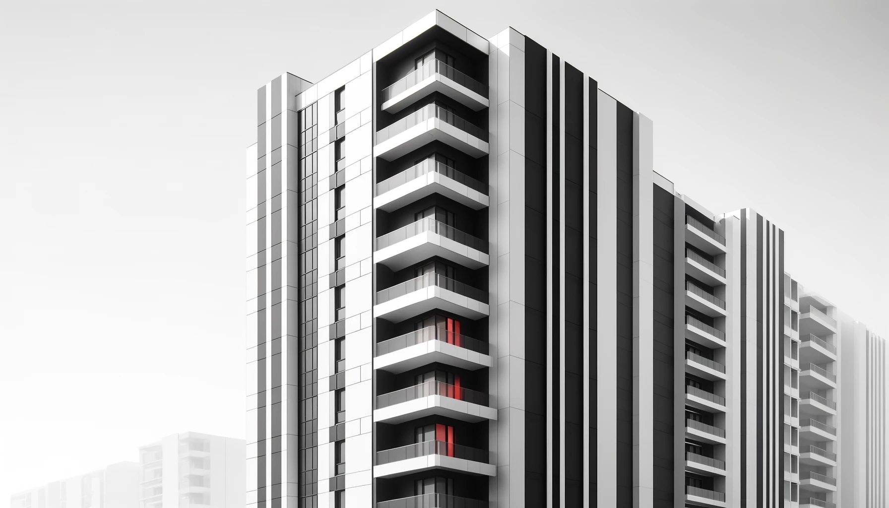 the redbridge building services A monochromatic urban minimal landscape featuring a close-up of a modern apartment building with a sleek design, vertical stripes, and clean lines