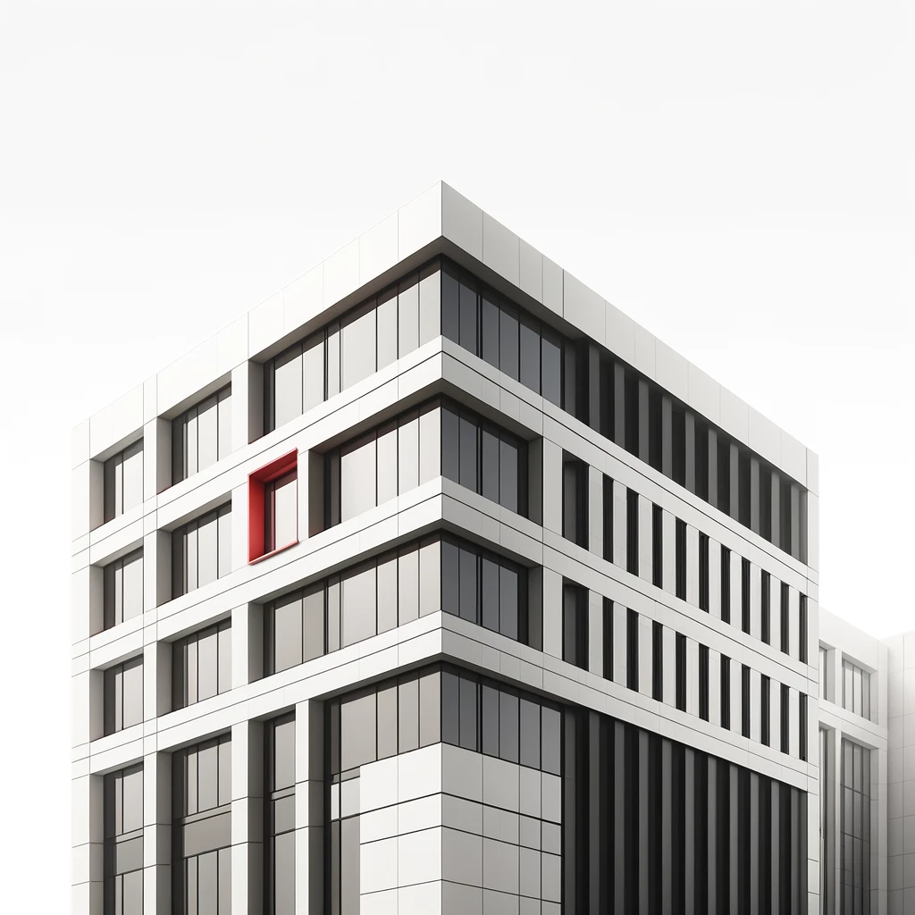 the redbridge building services A monochromatic urban minimal landscape featuring a close-up of a modern apartment building with a sleek design, vertical stripes, and clean lines